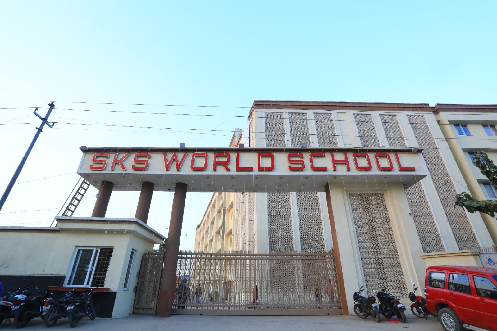 The SKS World School building and entrance gate on the Noida Expressway, Sector 137