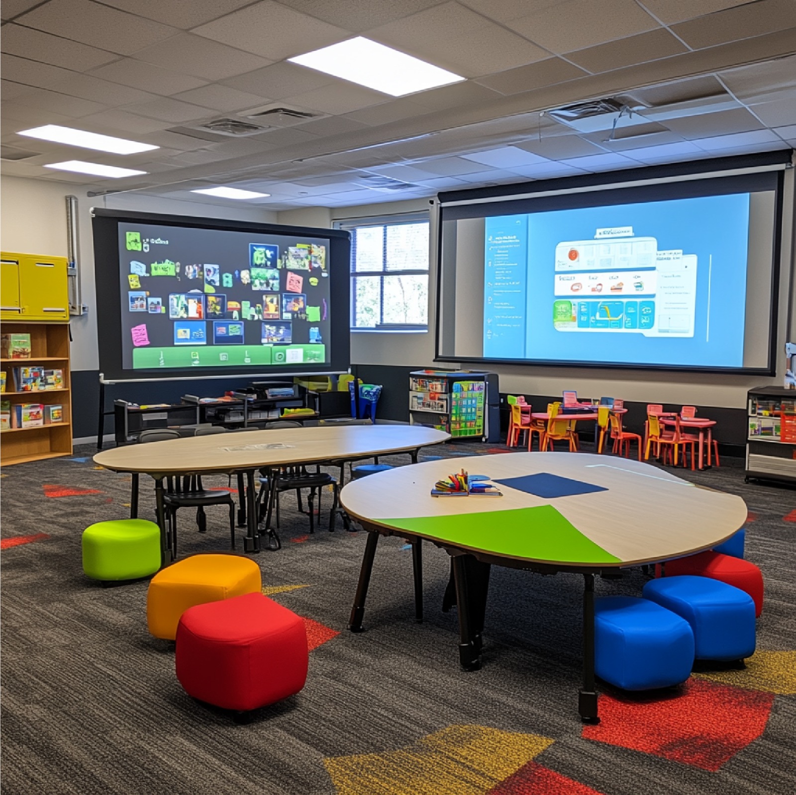 A classroom with two large interactive screens and flexible seating